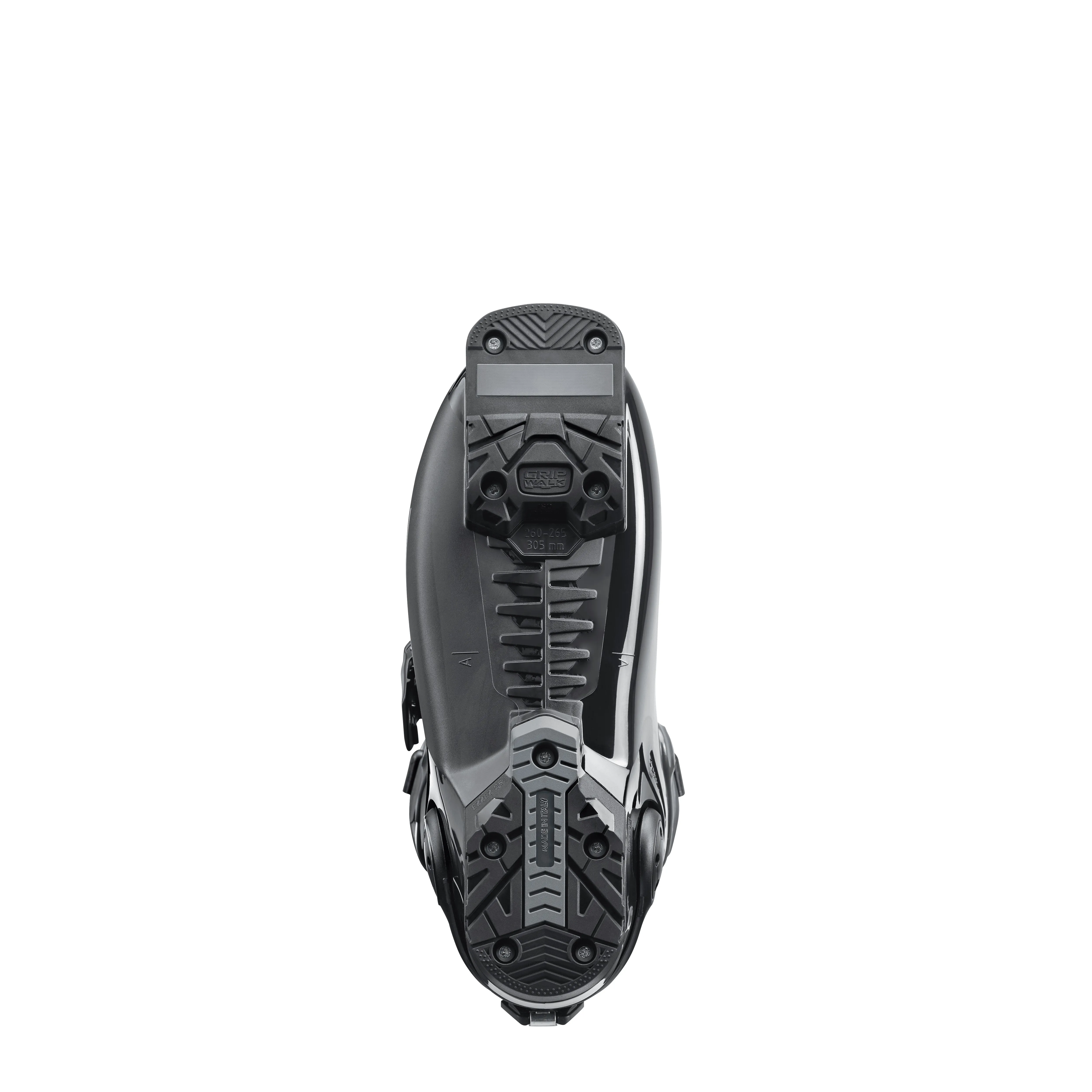 Ansicht der Schuhsohle des Nordica HF 110 GW Skischuhs mit GripWalk, Details und Schrauben sichtbar.