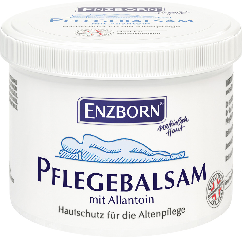 Weißer Tiegel Pflege-Balsam 500ml von ENZBORN mit blauem Schriftzug und liegender Person.