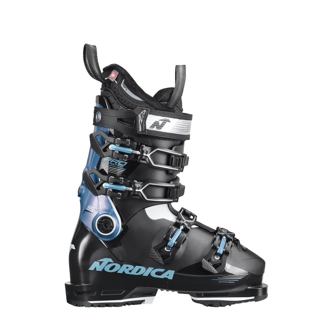 Nordica Promachine 95 W ski boot, side view. Black and blue with buckles and liner details.