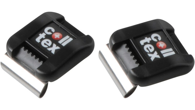 Zwei Colltex Camlock+ Befestigungen aus schwarzem Kunststoff und Metall. Das Colltex Logo ist auf den schwarzen Kunststoff gedruckt.