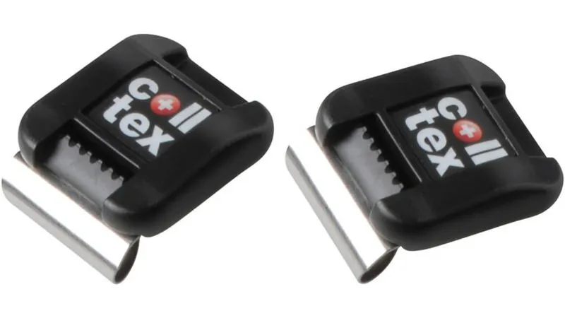 Two Colltex Camlock+ fasteners made of black plastic and metal. The Colltex logo is printed on the black plastic.
