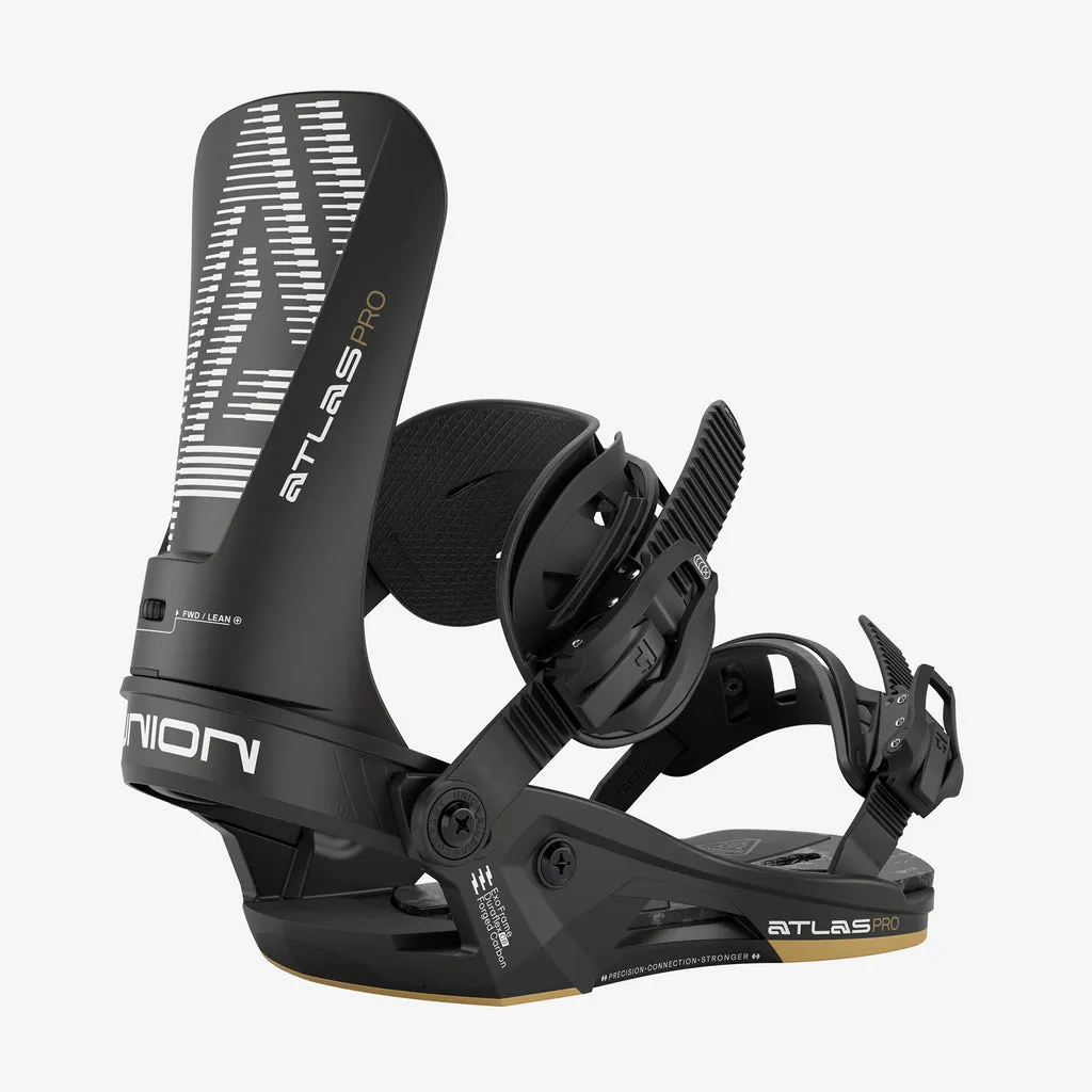Black Union Atlas Pro snowboard binding in detail, side view. The highback has a white pattern.