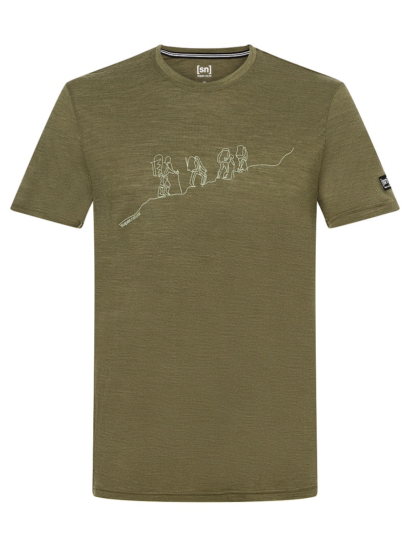 T-shirt d'alpinisme T-shirt de randonnée vert olive avec un imprimé alpiniste.