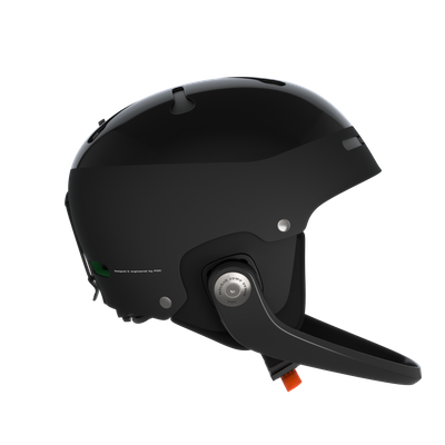 Schwarzer Skihelm mit Belüftungsöffnungen und Kinnschutz, Seitenansicht.