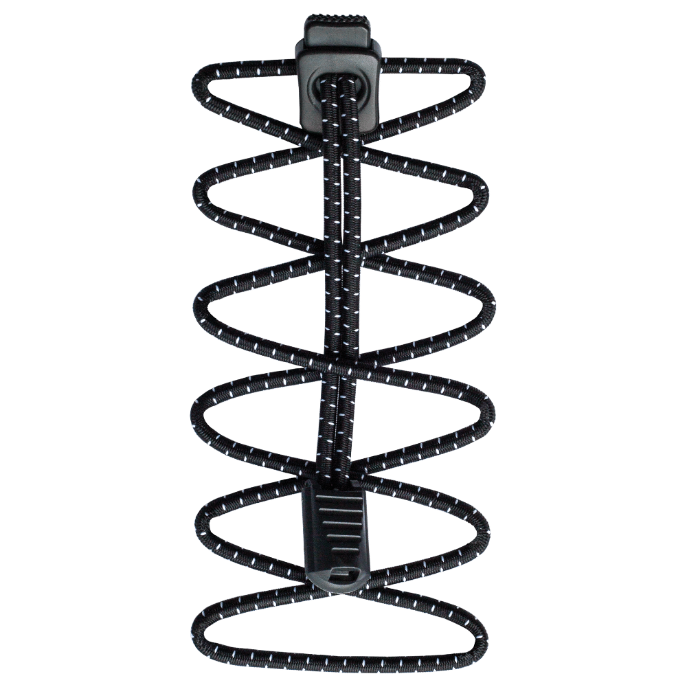 Schwarze, elastische Schnürsenkel mit Reflektorstreifen und Kunststoffverschluss, spiralförmig angeordnet.