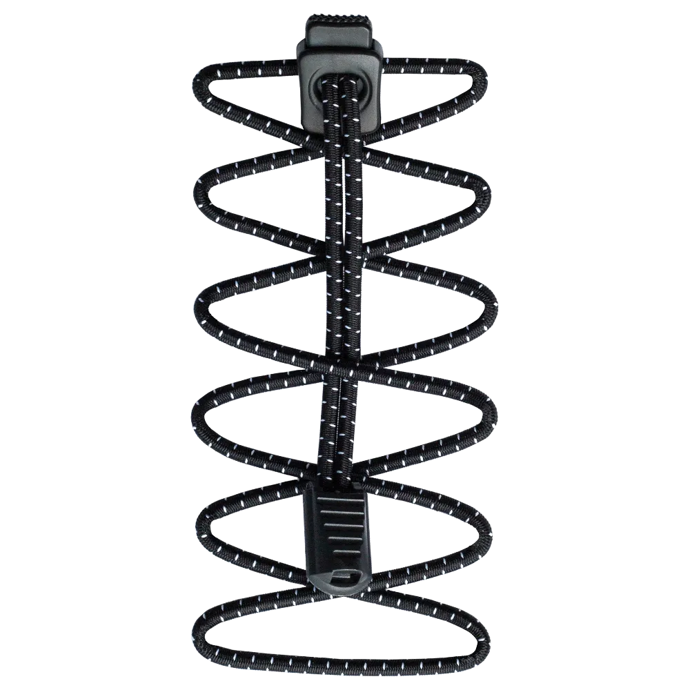 Black, elastic laces with reflective strips and plastic fastener, arranged in a spiral.