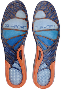 Blau-orange Einlagen Zwei blaue Sidas Sohle Cushioning Gel Support Einlagen mit orangenem Fersenrahmen von unten.