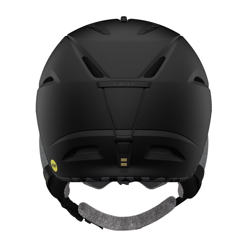 Rückansicht eines mattschwarzen Giro Fade Mips Skihelms mit MIPS Aufkleber und verstellbarem Nackenband.