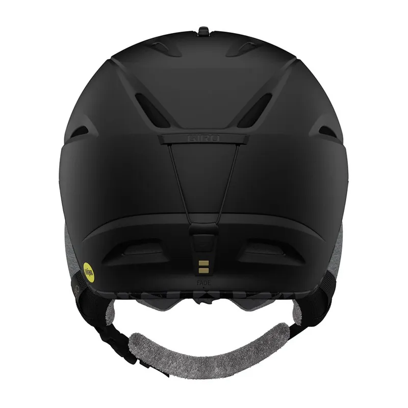 Rückansicht eines mattschwarzen Giro Fade Mips Skihelms mit MIPS Aufkleber und verstellbarem Nackenband.
