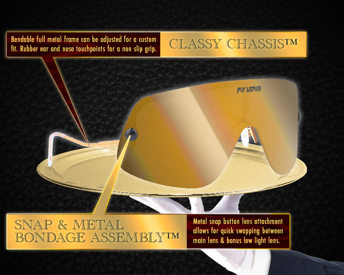 Goldene Pit Viper Sonnenbrille "The Limousine", präsentiert auf einem goldenen Tablett, mit Details zu Rahmen und Gläsern.