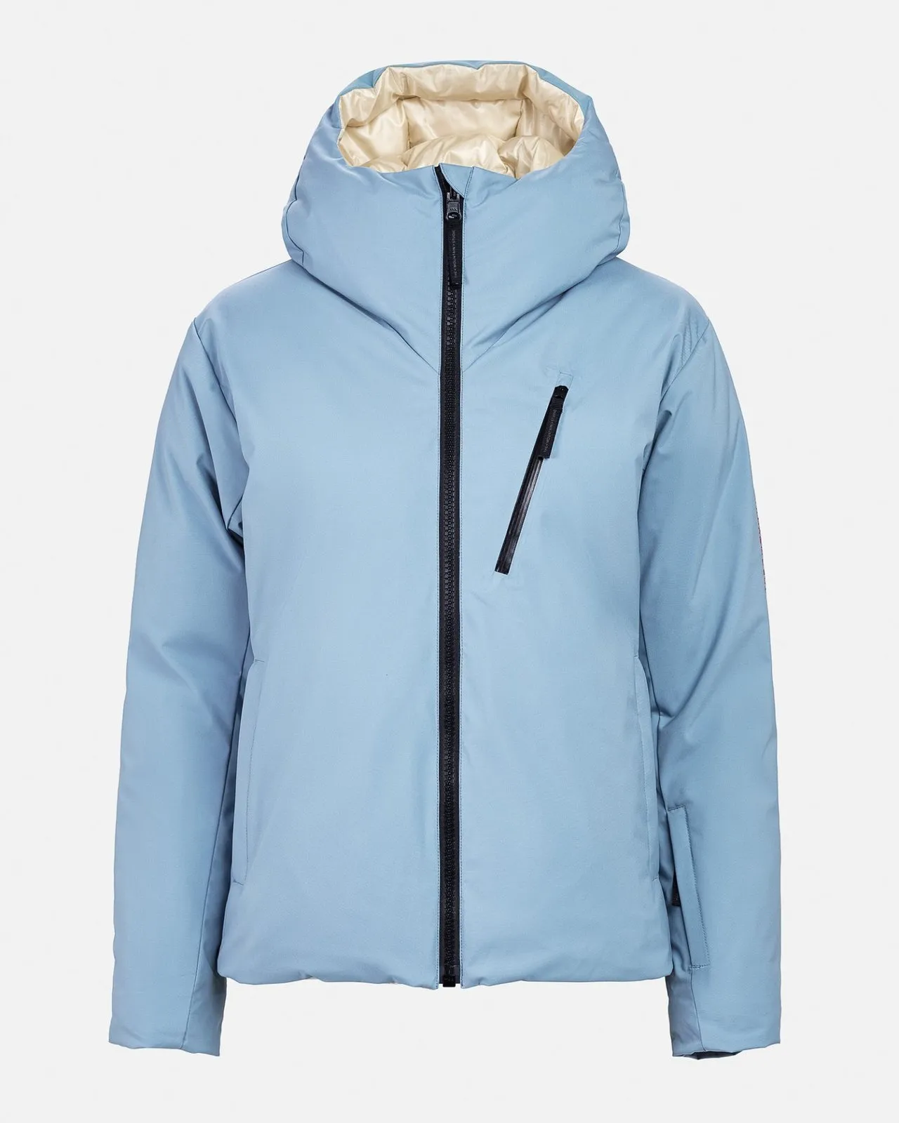 Light blue down jacket with hood and black zipper, front view.