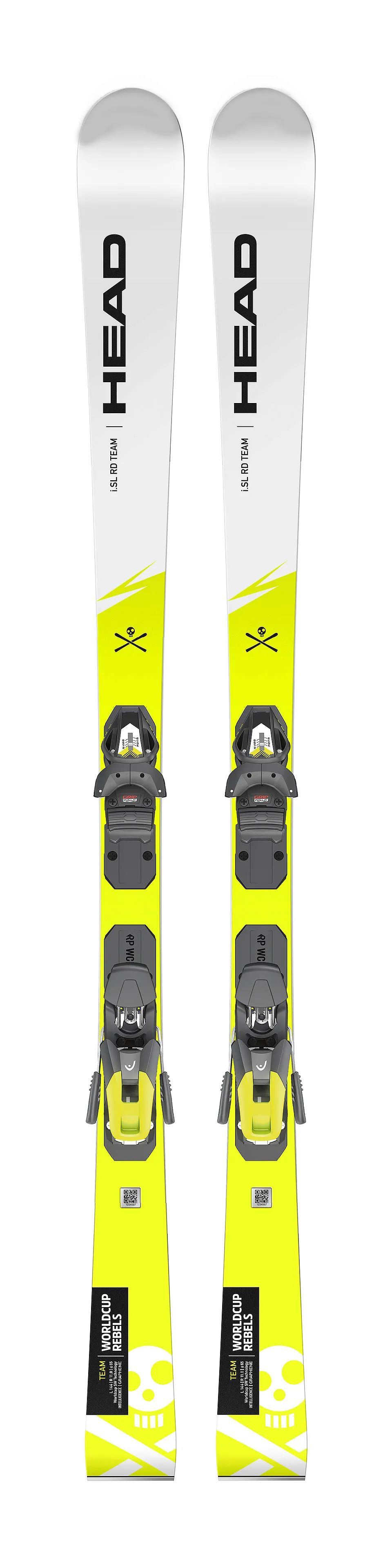 Zwei Ski mit gelben und weißen Farben, montierten grauen Bindungen und Skull-and-Crossbones-Grafiken.