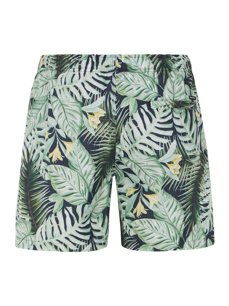Pantaloncini da bagno verde carciofo con motivo di foglie e fiori tropicali, vista posteriore.