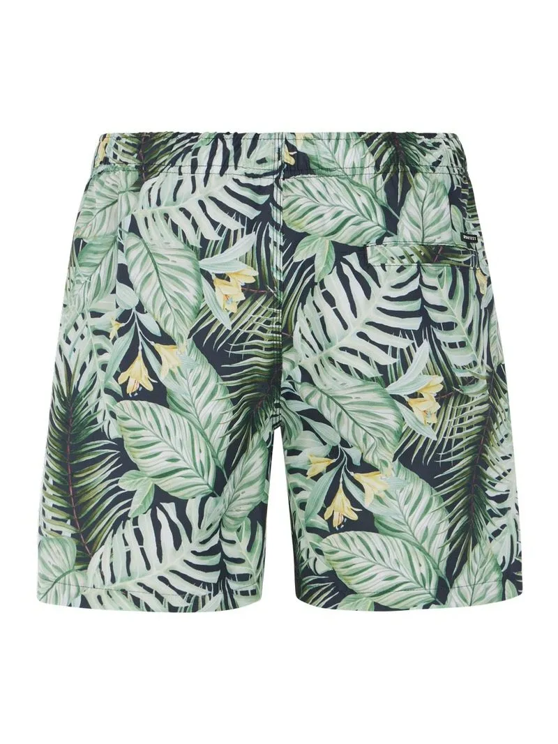 Artichoke Green swim shorts with tropical leaf and flower pattern, back view.
