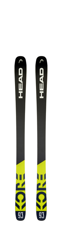 Head Kore 93 Ski gris et jaune, de face, debout. Inscription "HEAD", "KORE", "93".