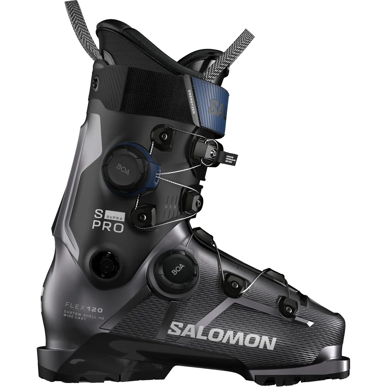Scarpone da sci grigio di Salomon, vista laterale, con chiusura BOA e le scritte "S/SUPRA PRO" e "FLEX 120" sul lato.