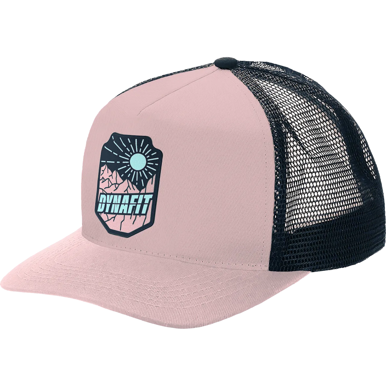 Casquette trucker rose clair Dynafit avec patch logo et empiècement en mesh noir à l'arrière de la tête.