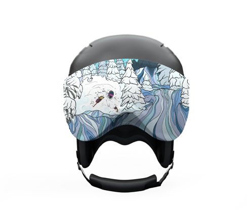 Schwarzer Skihelm mit bedrucktem Visorsoc. Das Design zeigt eine Winterlandschaft in Weiß und Blautönen.