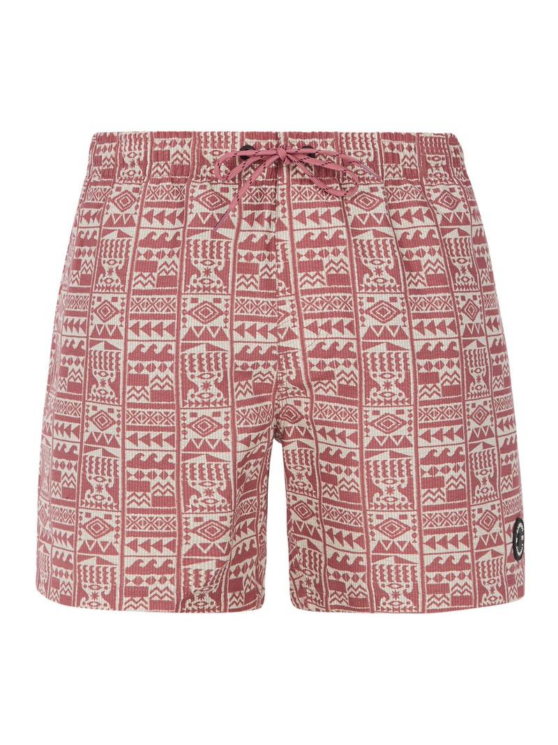 Deco Pink swim shorts with ethnic-inspired pattern and drawstring.