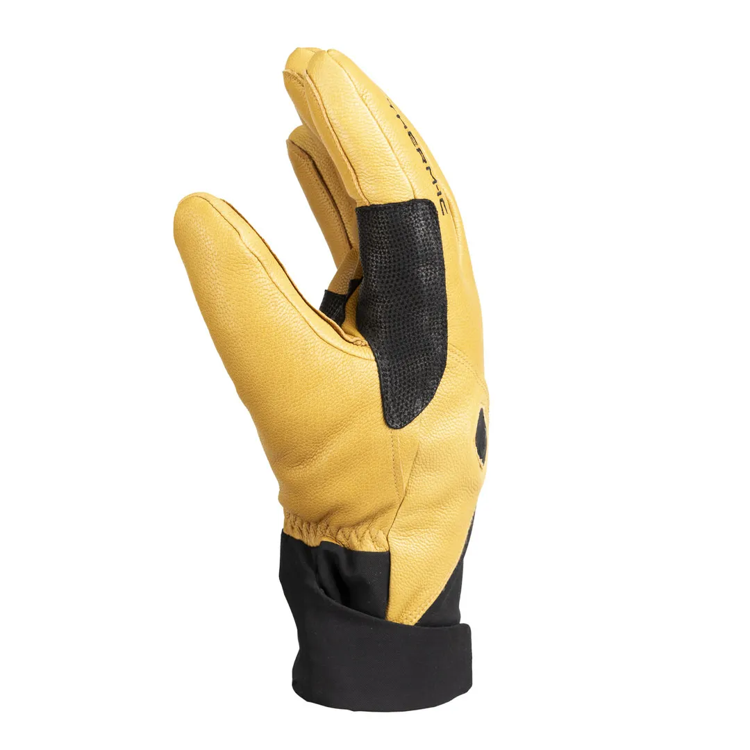 Hellbrauner Freeride Ultra Heat Lederhandschuh, Handinnenfläche nach vorne, schwarze Details am Handrücken und Handgelenk.