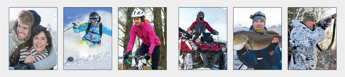 Winter Outdoor Aktivitäten Collage: Winter-Aktivitäten wie Skifahren, Radfahren, Quad fahren, Angeln, Jagen. Heizsohlen sind geeignet für diese Outdoor-Aktivitäten.