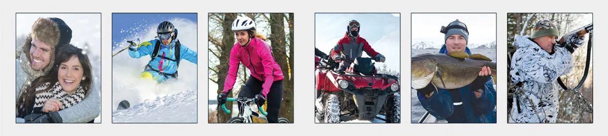 Collage: Winter-Aktivitäten wie Skifahren, Radfahren, Quad fahren, Angeln, Jagen. Heizsohlen sind geeignet für diese Outdoor-Aktivitäten.