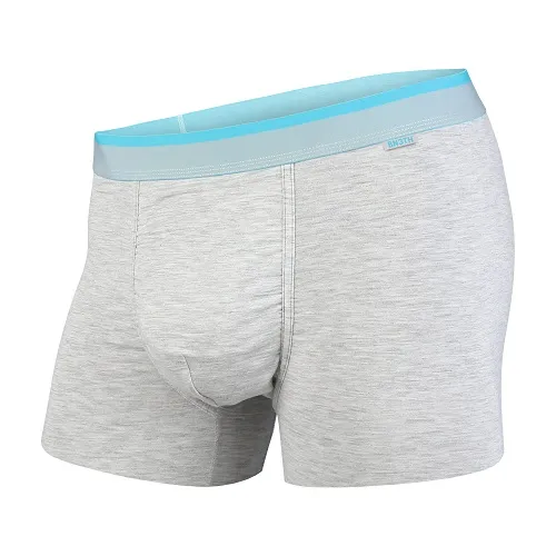 Pantaloni da uomo grigi con cintura turchese. Vestibilità comoda e forma sostenuta.
