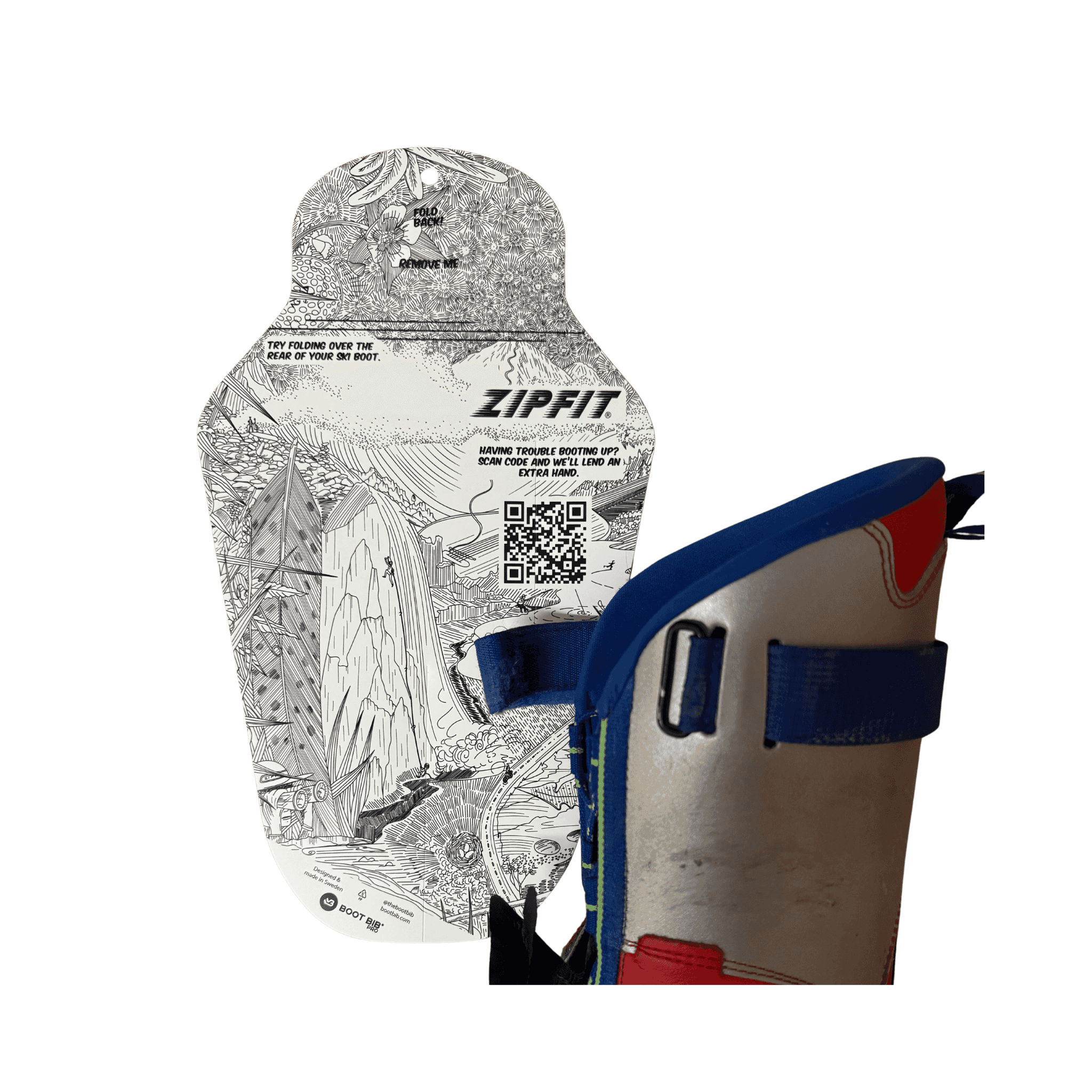 Scarpone da sci con cinturino blu e accento rosso accanto a una cartina illustrata con montagne, scalatori e un codice QR.