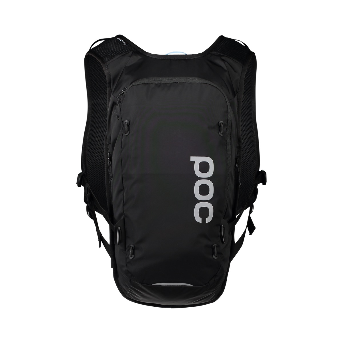 Schwarzer POC Rucksack Schwarzer Column VPD Backpack 13L mit Schultergurten und Reflektorstreifen, seitlich bedruckt mit dem POC-Logo.