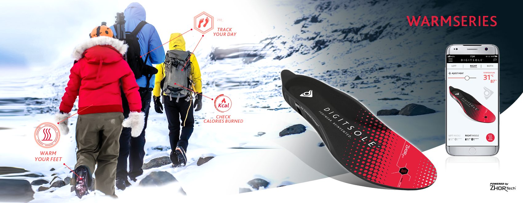 Heizsohle für Wintersport Winterlandschaft mit Wanderern, Digitsole Heizsohle und Smartphone App zur Temperaturregelung.
