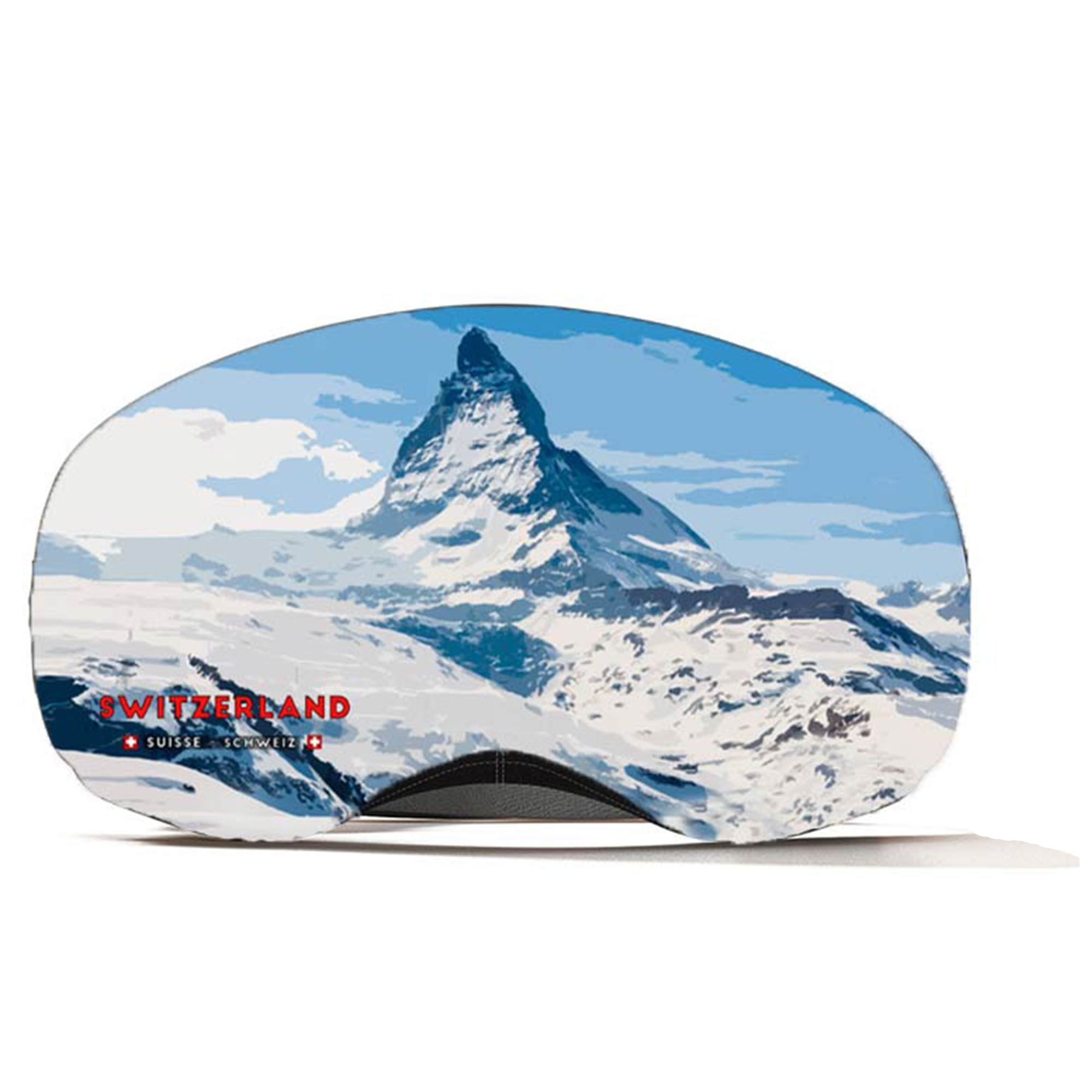 Housse pour lunettes de ski Matterhorn Housse de protection pour lunettes de ski avec motif Cervin. Montagnes recouvertes de neige et ciel bleu sont imprimés. Inscription "Switzerland".