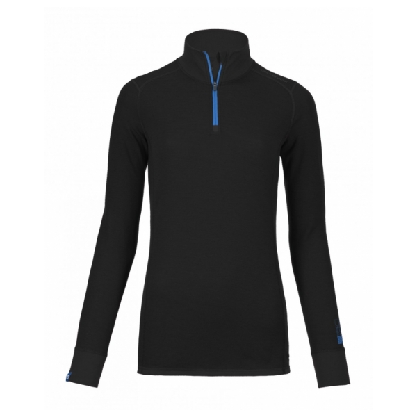 Schwarzes Ortovox 210 Supersoft Zip Neck Women Merino-Shirt mit langen Ärmeln und blauem Reißverschluss am Kragen.