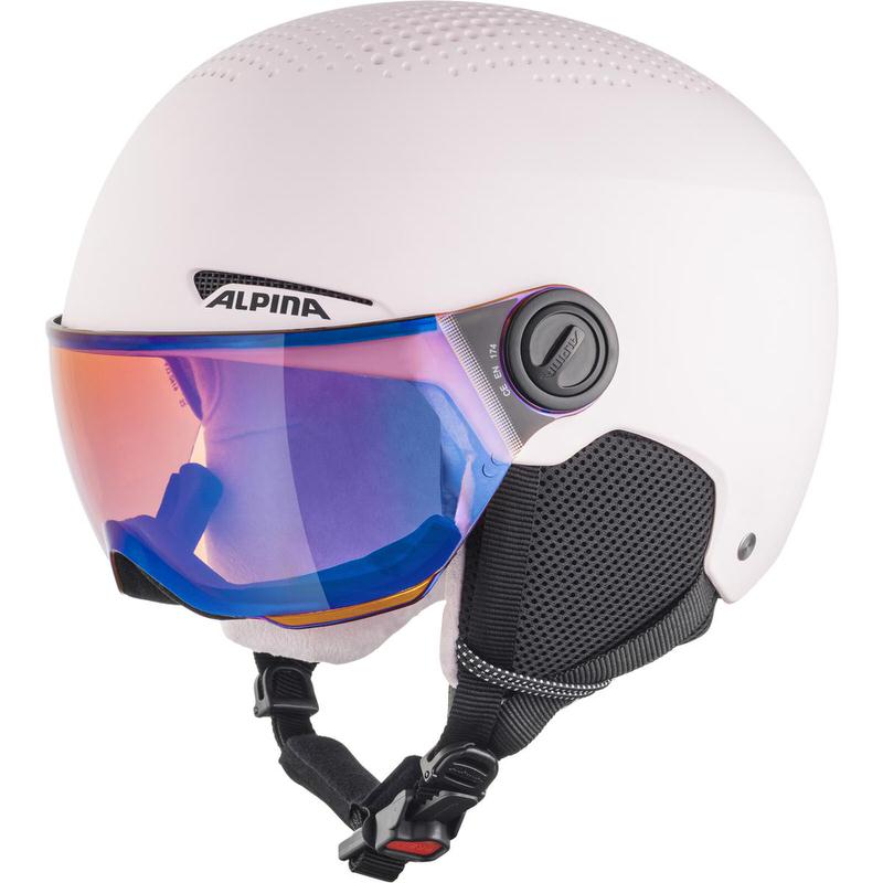 Casque de ski blanc Alpina Zupo avec visière Q-Lite Rose Matt. La visière est réfléchissante et a un effet de couleur arc-en-ciel.