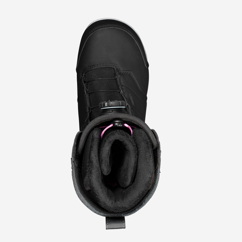 Draufsicht: Schwarzer Nidecker Onyx Snowboardstiefel für Damen, mit Boa-Schnürsystem und weichem, dunklen Innenfutter.