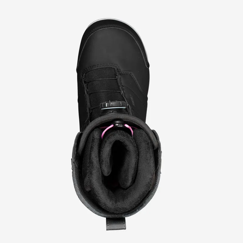 Draufsicht: Schwarzer Nidecker Onyx Snowboardstiefel für Damen, mit Boa-Schnürsystem und weichem, dunklen Innenfutter.