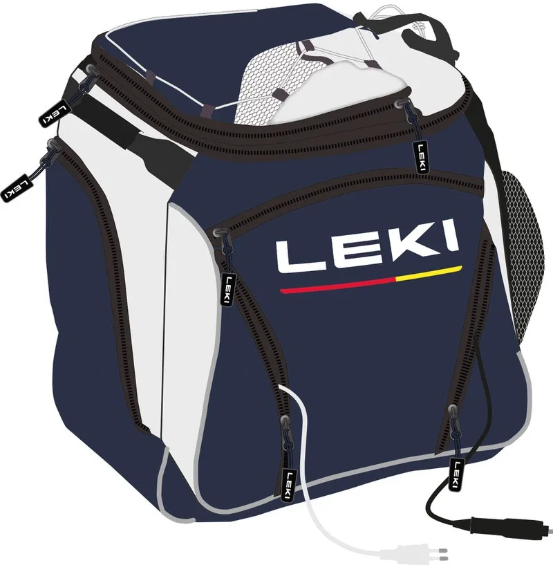 Illustration: Blaue Leki Heatable Bootbag mit Reißverschlüssen und Netzeinsatz, Stromkabel.