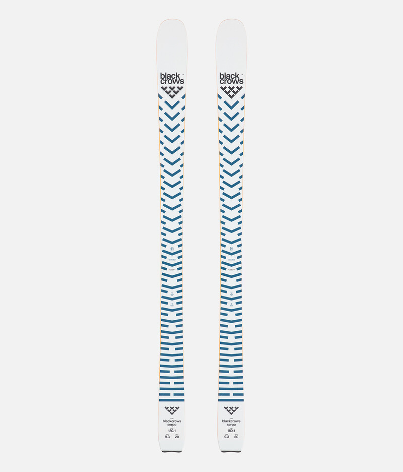 Two Black Crows Serpo skis Two Black Crows Serpo skis from above, with blue and white chevron pattern, product information at the end of the skis.
