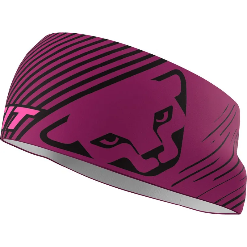 Beet Red Dynafit Bandeau avec un imprimé panthère graphique et des rayures noires.