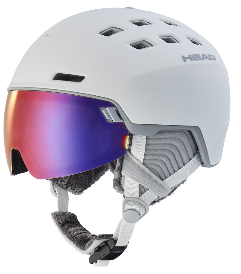 Weißer Skihelm Head Rachel 5K mit integriertem, farbigen Visier und Kinnriemen. Belüftungsöffnungen oben.