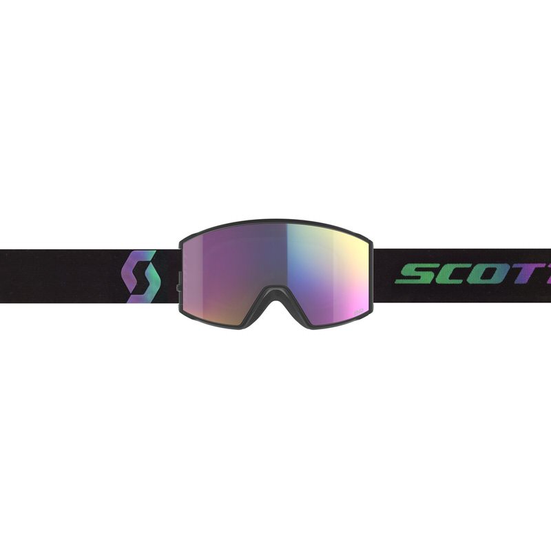 Frontansicht der Scott React Skibrille Aurora Green mit irisierender Linse und schwarzem Band.