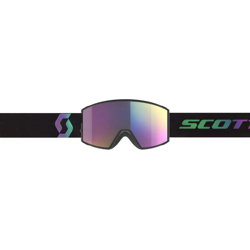 Frontansicht der Scott React Skibrille Aurora Green mit irisierender Linse und schwarzem Band.