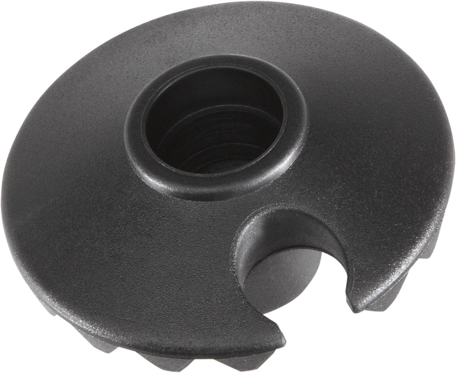 Schwarzer Stockteller Schwarzer Stockteller mit zentraler Öffnung und seitlicher Aussparung, gezahnter Rand.