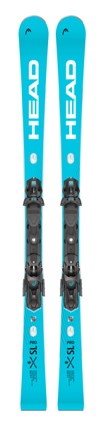 Draufsicht von einem Paar hellblauen Head WCR Rebel E-SL PRO Ski mit montierter Freeflex 14 Bindung.