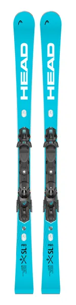 Draufsicht von einem Paar hellblauen Head WCR Rebel E-SL PRO Ski mit montierter Freeflex 14 Bindung.