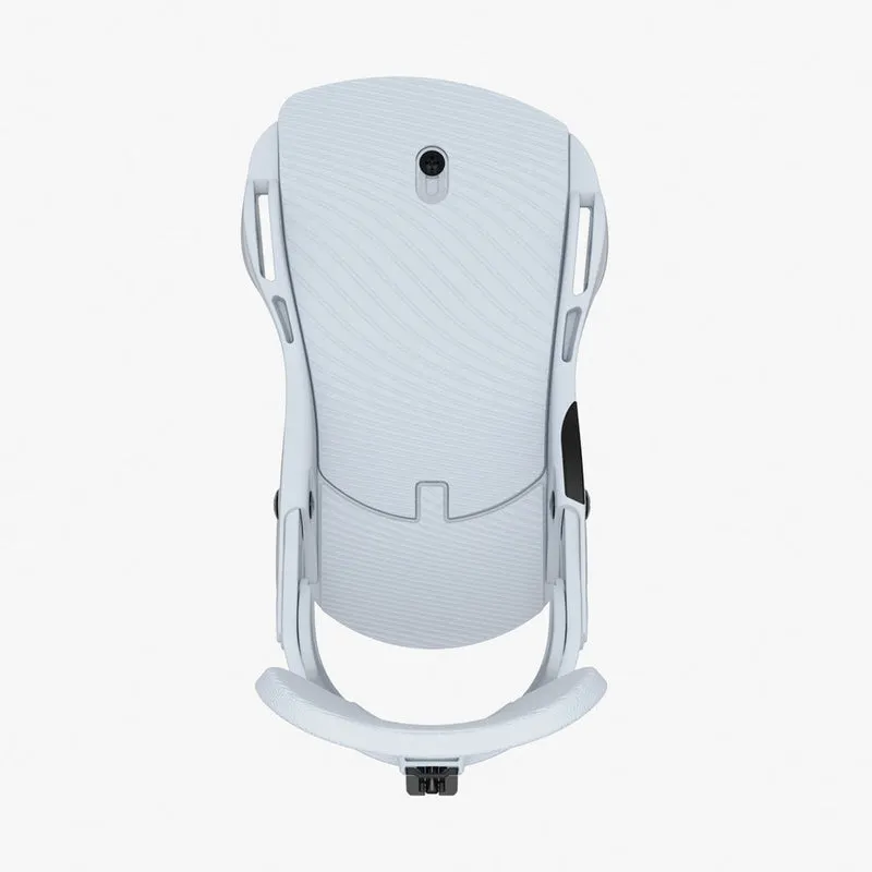 A light blue Union Trilogy snowboard binding, photographed from above.