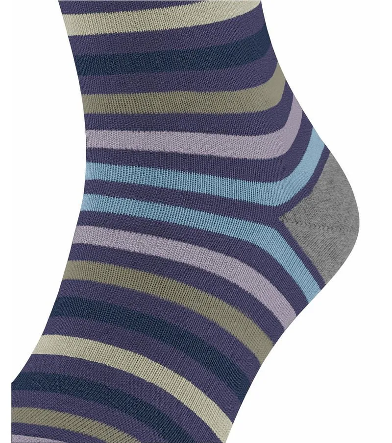Close-up of a curled Falke men's sock, Viola, with stripes in shades of purple, blue and gray.