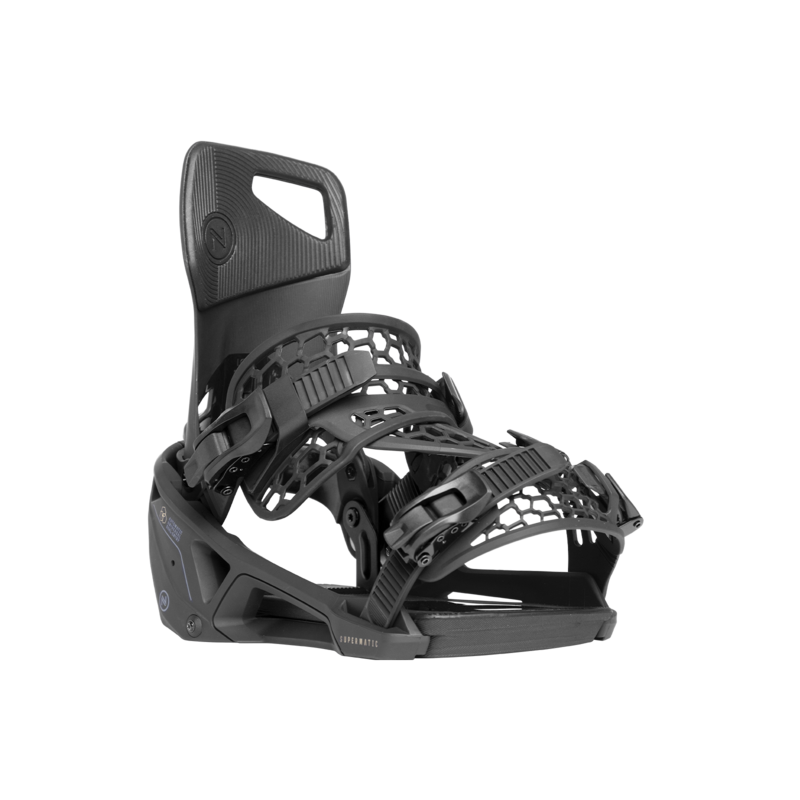 Fixation noire Nidecker  Fixation de snowboard noire Nidecker Supermatic vue de face sur fond blanc.