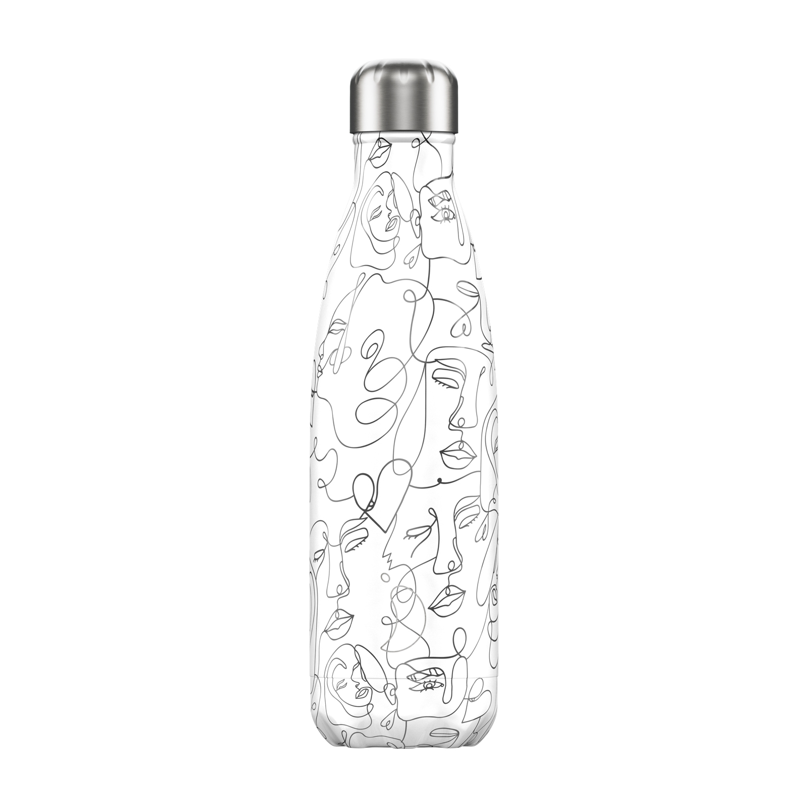 Schlanke, weisse Chillys Trinkflasche (500ml) mit silbernem Deckel und Line Art Gesichtern.