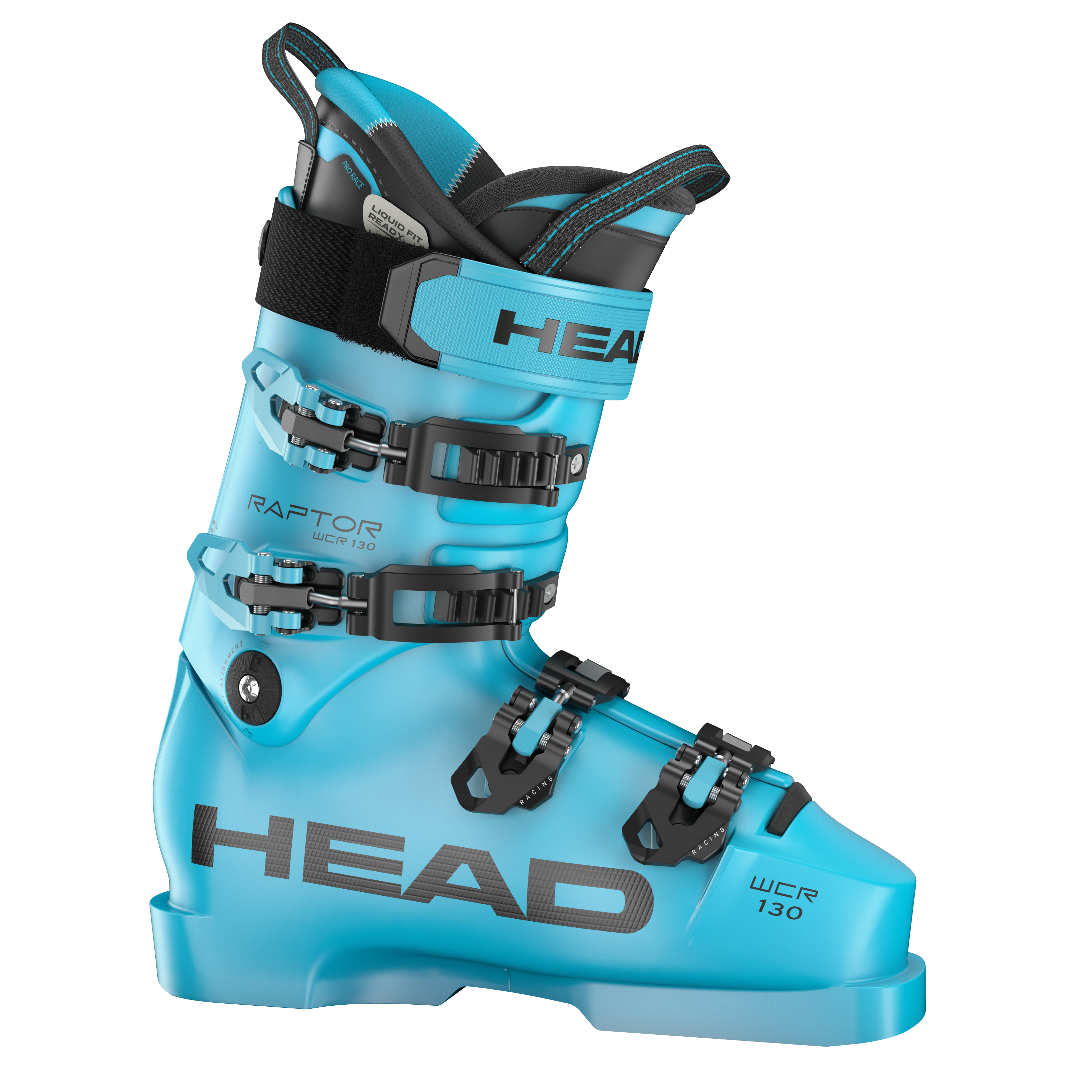 Blauer Head Raptor WCR 130S Skischuh mit schwarzen Schnallen und Details, Seitenansicht.