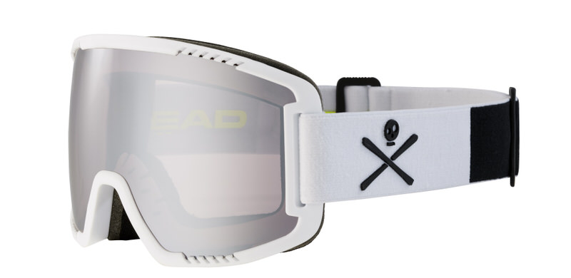 Weiße Ski-Brille "Head Contex Pro 5K" von der Seite, mit reflektierender Linse und Totenkopf-Motiv am Band.